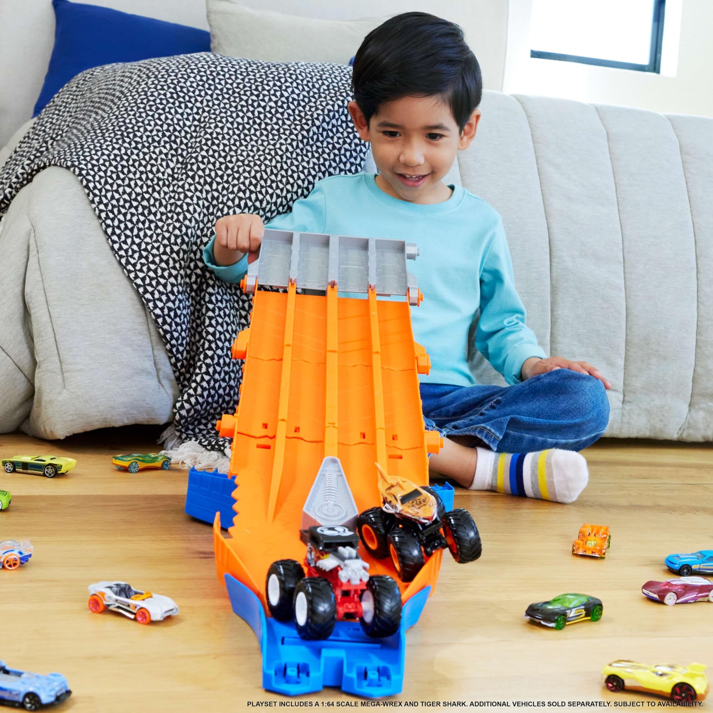 Hot Wheels Monster Truck! Survival Race! JFR07 Ride On Toy Playset with 2 Mini Cars for Ages 4+ Orange