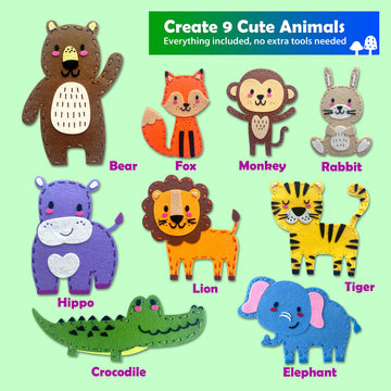 Sii Pikki Sewing Kit for Kids - 9 Easy Projects Cute Safari Animals, Beginner Sewing Kit with Felt & Instructions, Kids Sewing Kit Ages 6-12, Learn