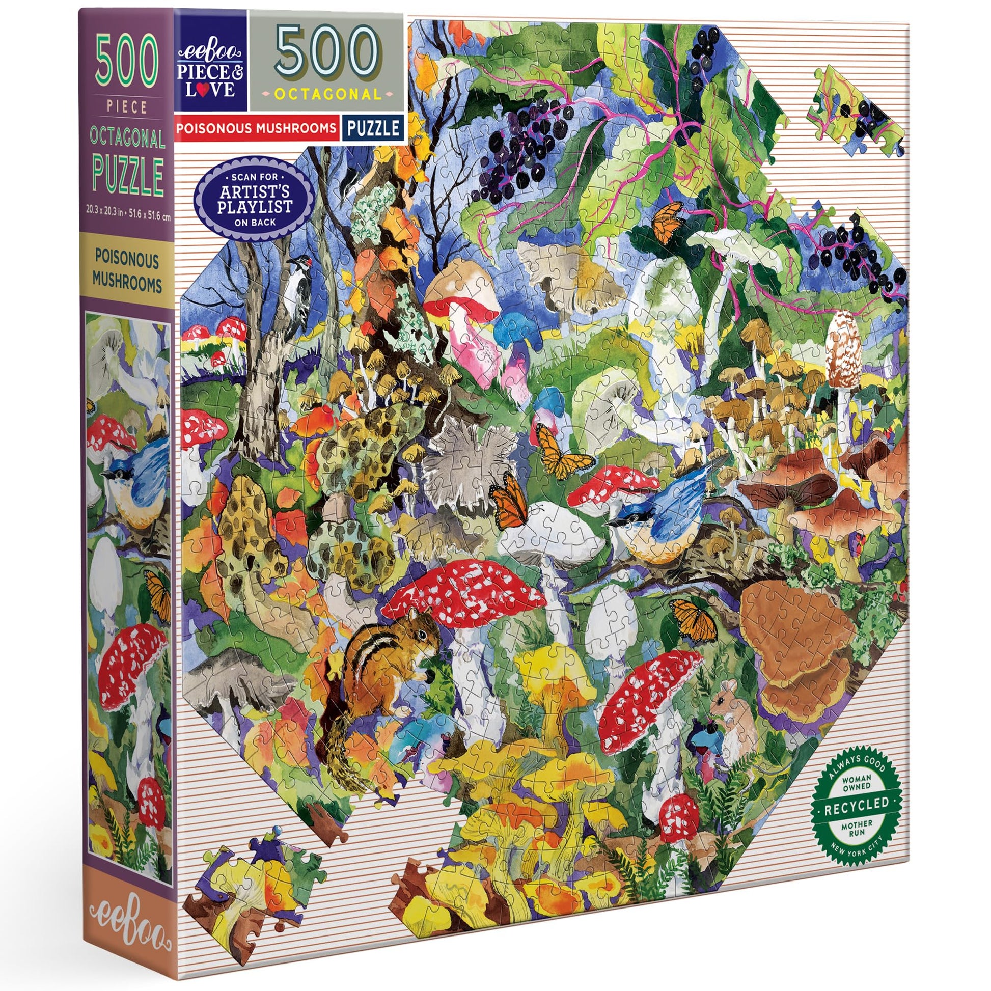eeBoo Poisonous Mushrooms 500 Piece Octagon Jigsaw Puzzle, 20.3" x 20.3"