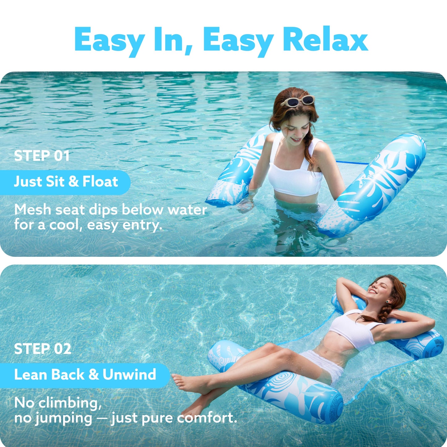 SLOOSH 2 Packs Tropical Leaves Hammock Pool Floats Adults, 4-in-1 Multi-Purpose Inflatable Pool Floats PVC Water Hammock Lounge Floaties (Blue&Pink)