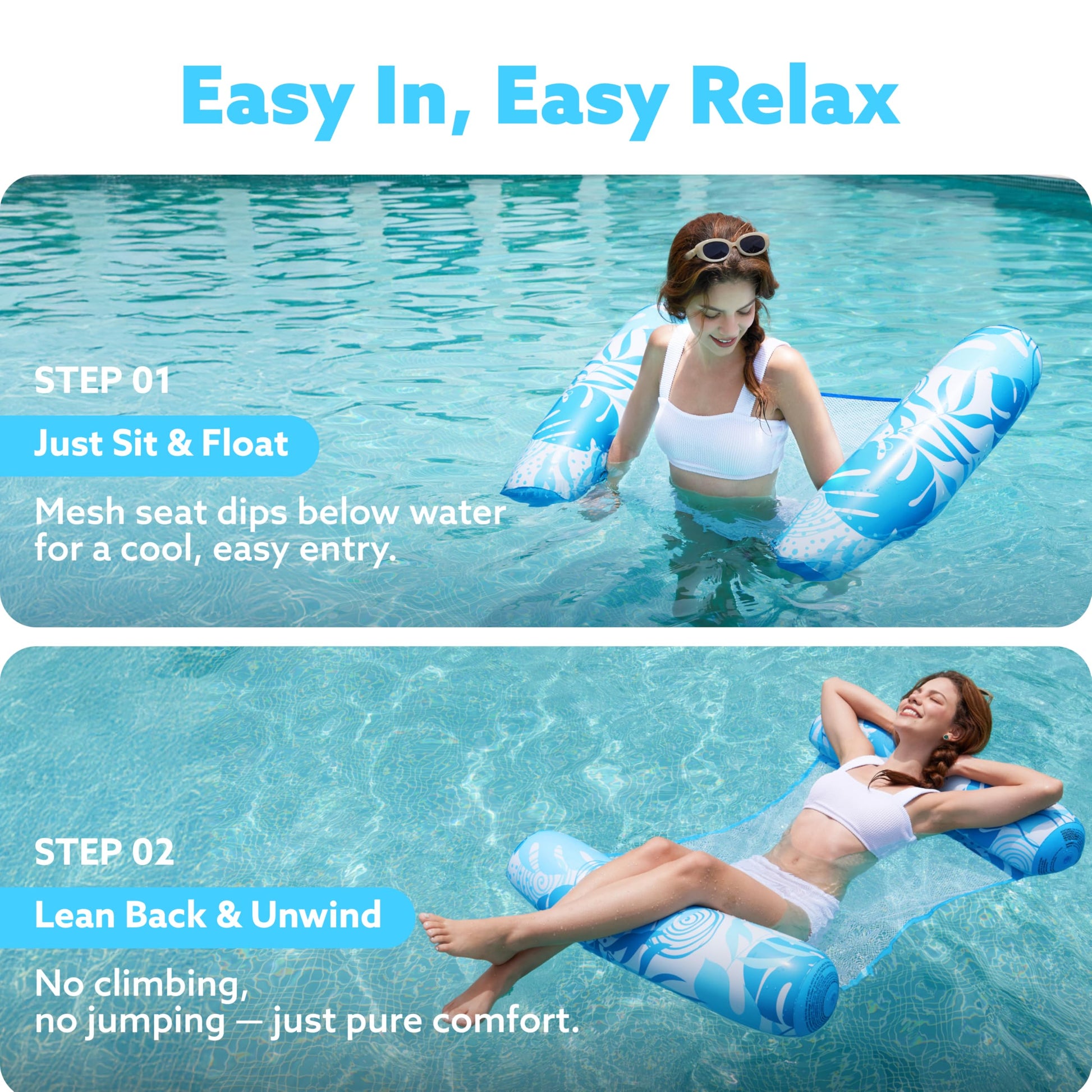 SLOOSH 2 Packs Tropical Leaves Hammock Pool Floats Adults, 4-in-1 Multi-Purpose Inflatable Pool Floats PVC Water Hammock Lounge Floaties (Blue&Pink)