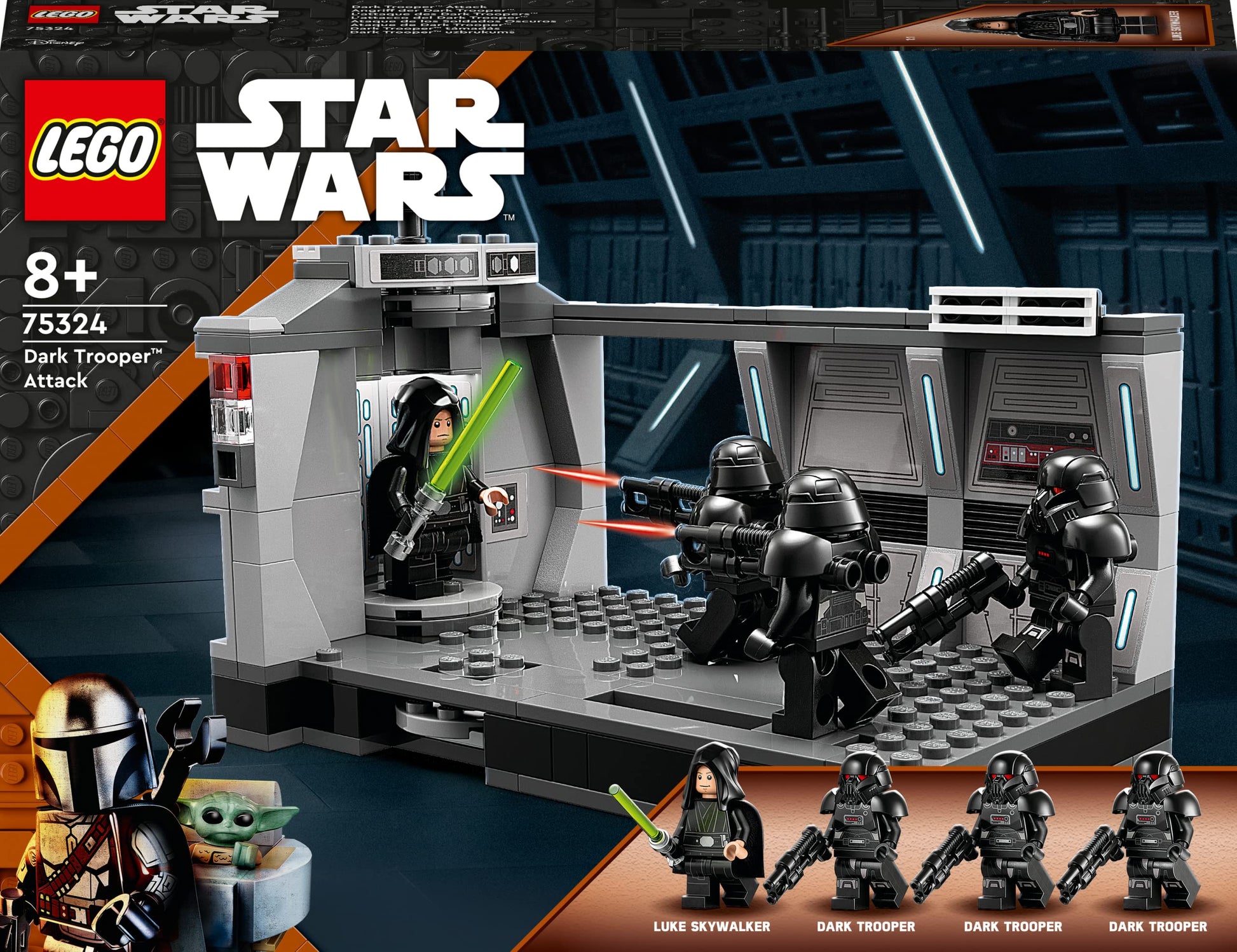 LEGO Star Wars Dark Trooper Attack Set, Mandalorian Building Toy 75324, with Revolving Elevator, Luke Skywalker Minifigure and Lightsaber, Pretend