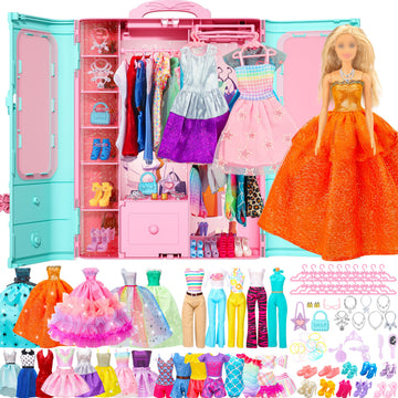 Style Shine 70 Pcs Doll Closet with Clothes & Accessories Including 2 Wedding Gowns 6 Fashion Dresses 2 Casual Outfits 2 Swimsuit 10 Shoes 20 Hangers