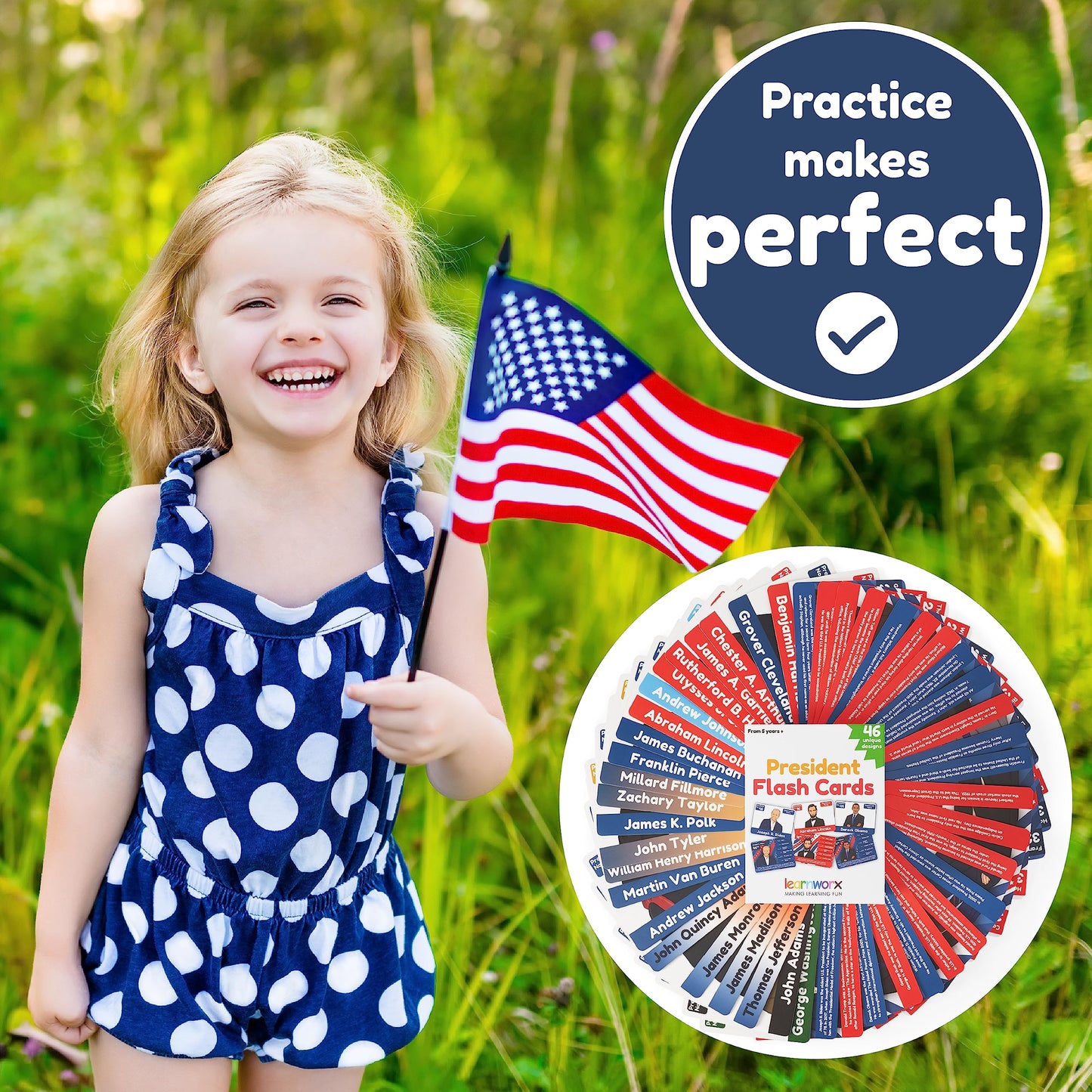 US Presidents for Kids Flash Cards -46 President Cards -Learn Presidents of The USA -Includes US Presidents Party & Vice President Facts -Gift - Ages