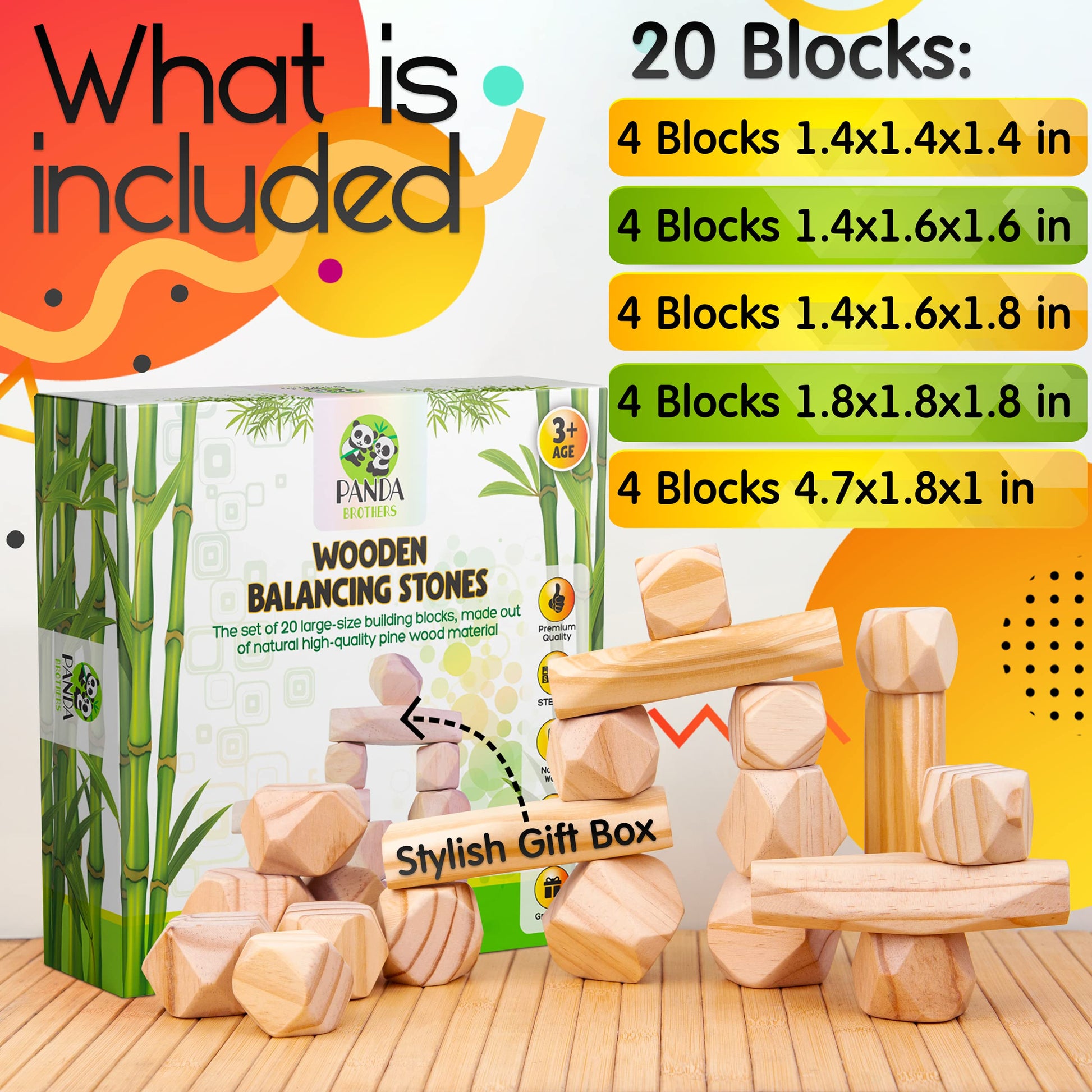 Panda Brothers Wooden Balancing Stones - Montessori Toys for 3 4 5 Year Old Kids and Toddlers Learning Sensory Toy, 20 Large Size Wooden Building