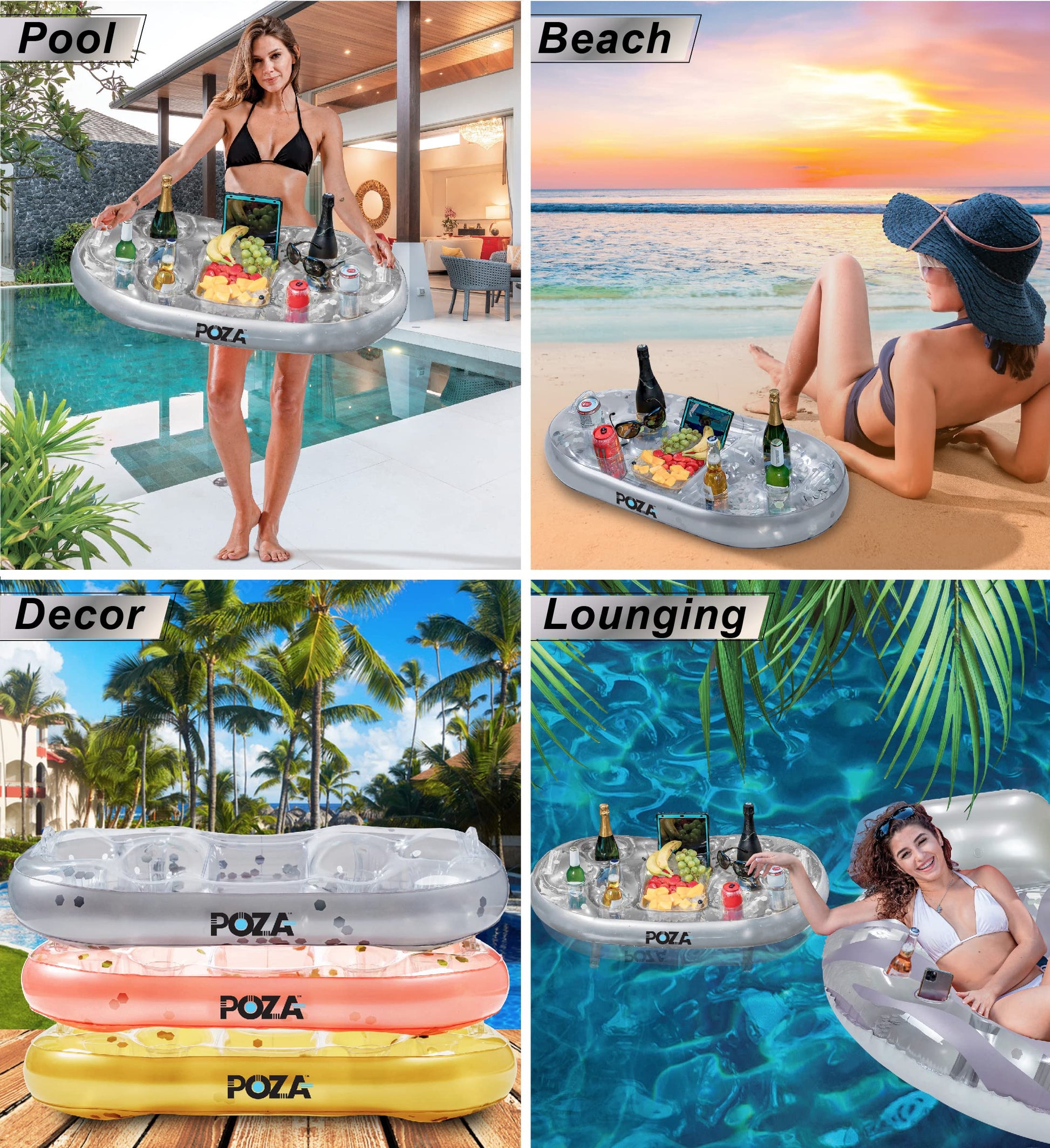 POZA Inflatable Silver Floating Cooler - Luxurious Drink Holder Filled with Sparkly Confetti, Premium Party Float with 8 Holders, Serving Bar