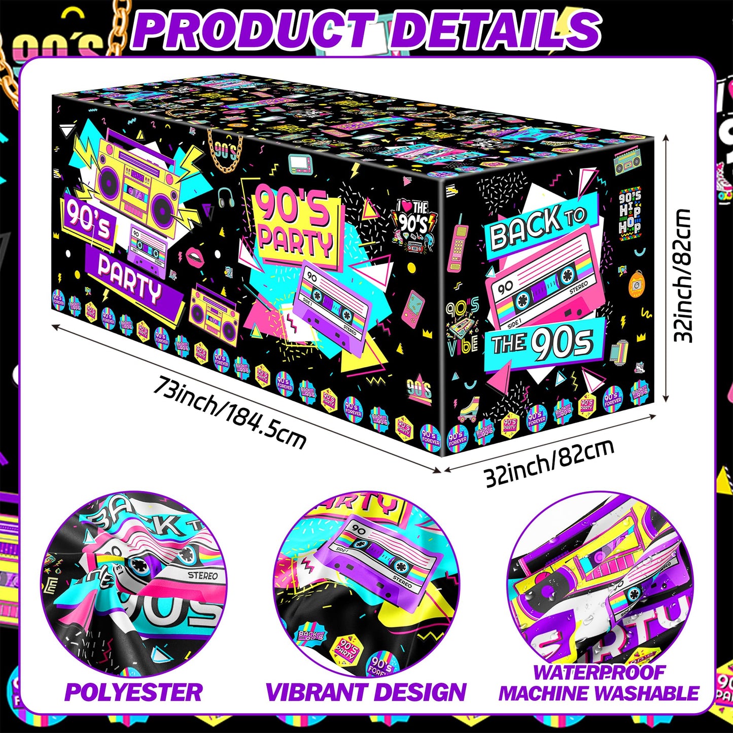 AHLIISSU 6Ft 90’s Party Tablecloth, 72'' x 30'' 1990s Theme Hip Hop Party Birthday Table Cover for ack to 90s Party Decorations Supplies