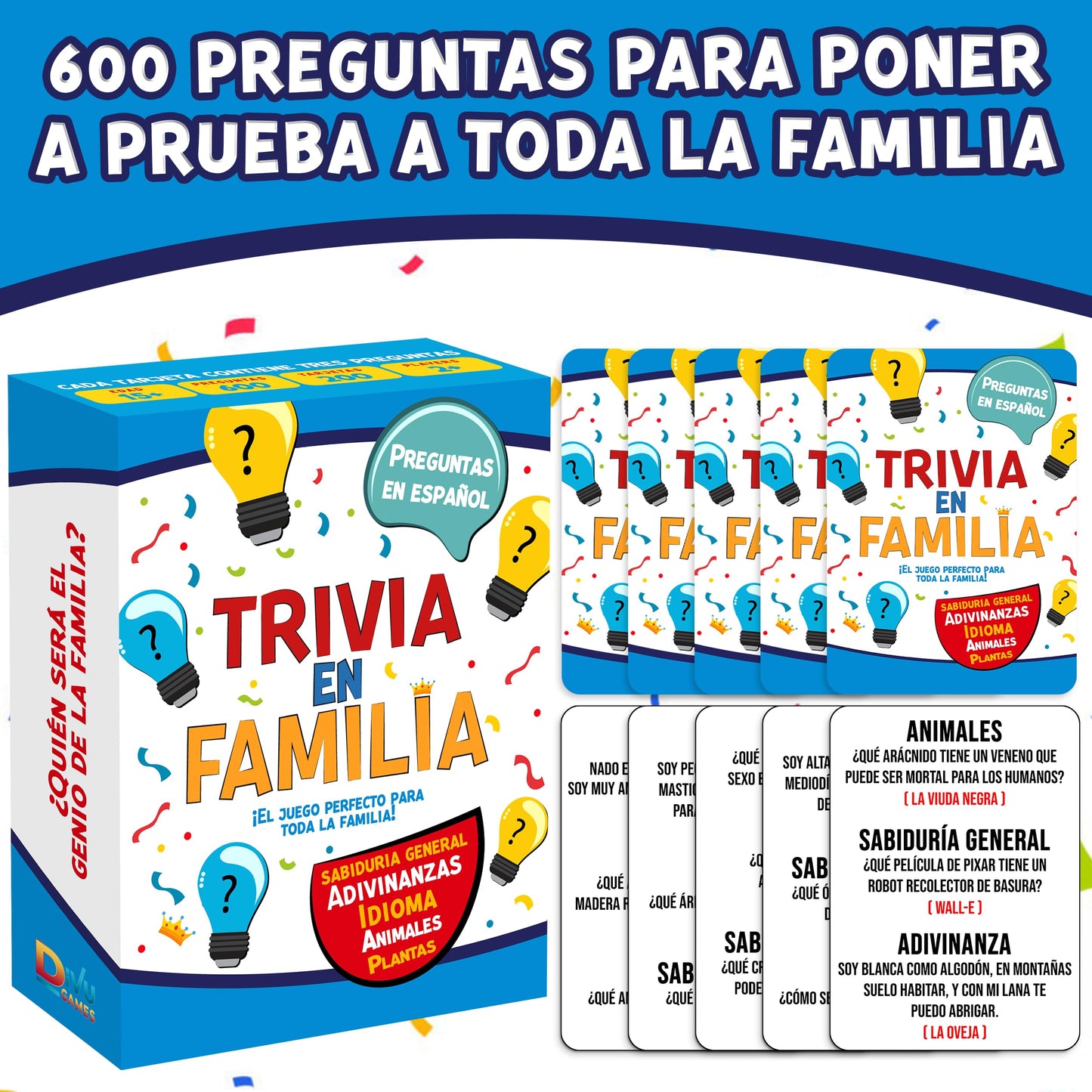 DiVU Games Trivia en Familia - Board Game en Español for Family, Friends, Adults & Teens | Juego de Cartas | Fun and Educational Trivia for Party
