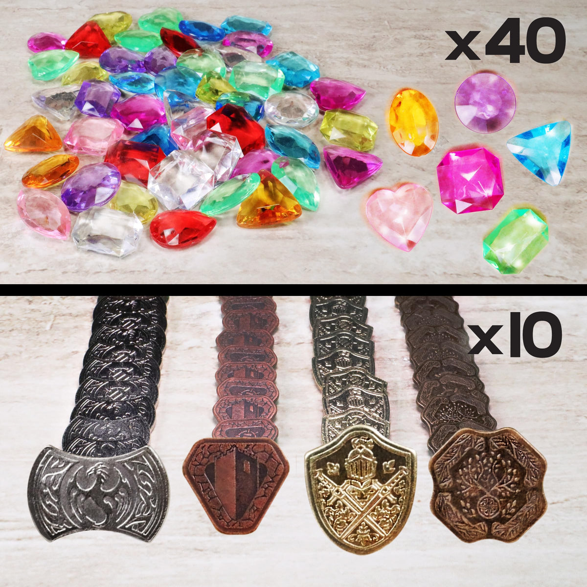 ENHANCE Tabletop Treasure Token Set - 40 Metal MTG Tokens (x10 Each Design) with Acrylic Assorted Gems (40+) and Drawstring Pouch, Counters for RPG