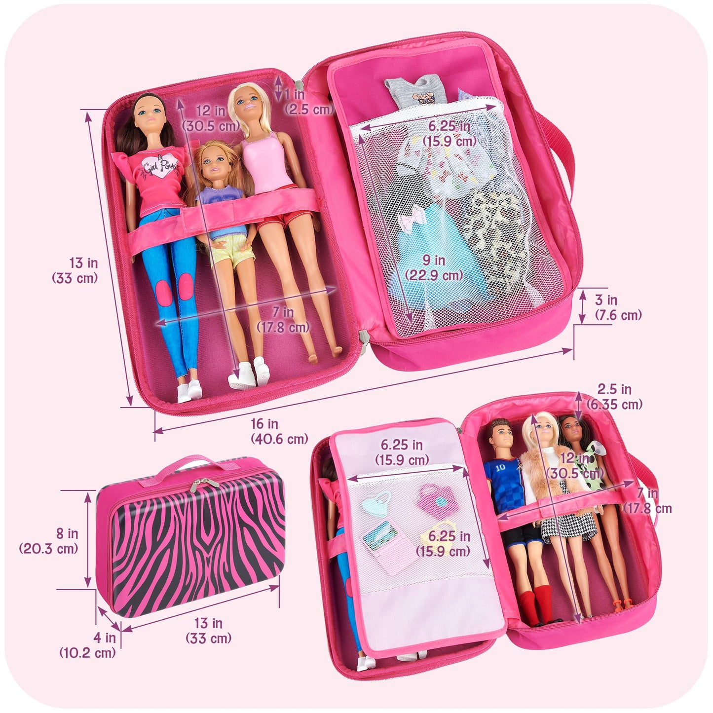 Badger Basket Stylish Travel Case for 12 Inch Fashion Dolls - Storage Solution with Pockets for Doll Accessories, Best for On-The-Go Travel - Animal