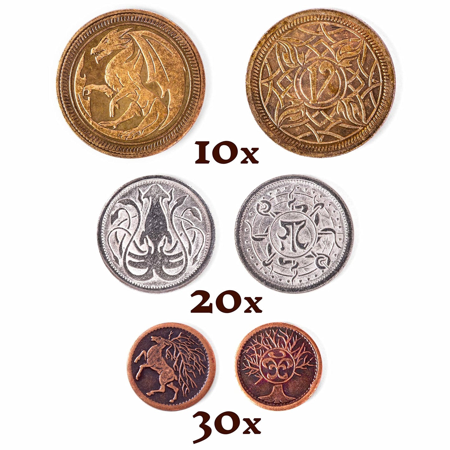 The Dragon's Hoard: 60 Real Metal Fantasy Coins with Leather Pouch | Board Game Accessory for Tabletop RPG Role-Play Strategy Games | Bronze, Silver