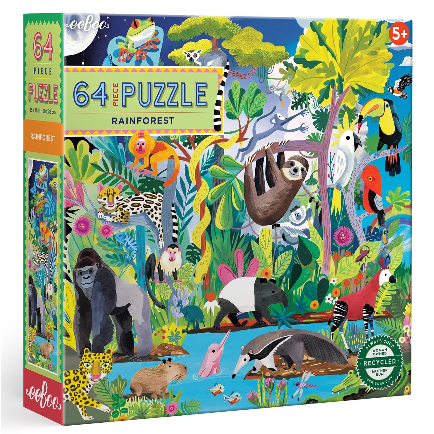 eeBoo: Rainforest - 64 Piece Puzzle - 15" x 15" Jigsaw, Vibrant Animal & Nature Scene, Informational Poster, Big Sturdy Dustless Pieces, Kids Ages 5+