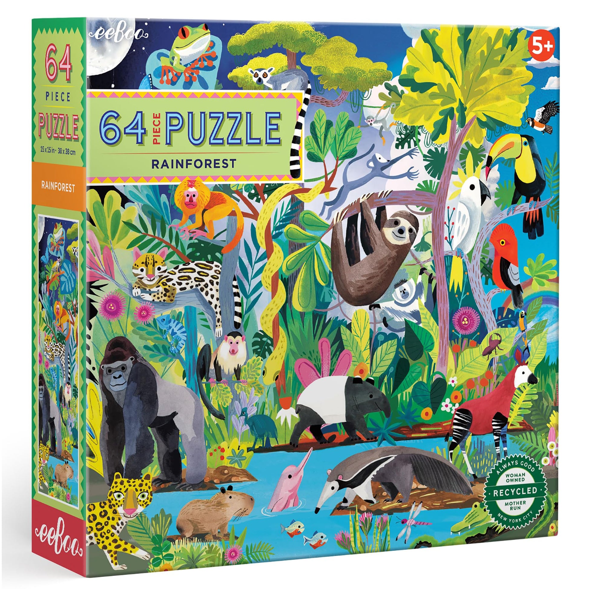 eeBoo: Rainforest - 64 Piece Puzzle - 15" x 15" Jigsaw, Vibrant Animal & Nature Scene, Informational Poster, Big Sturdy Dustless Pieces, Kids Ages 5+