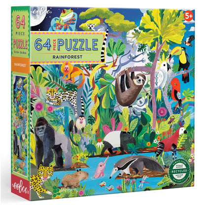 eeBoo: Rainforest - 64 Piece Puzzle - 15" x 15" Jigsaw, Vibrant Animal & Nature Scene, Informational Poster, Big Sturdy Dustless Pieces, Kids Ages 5+