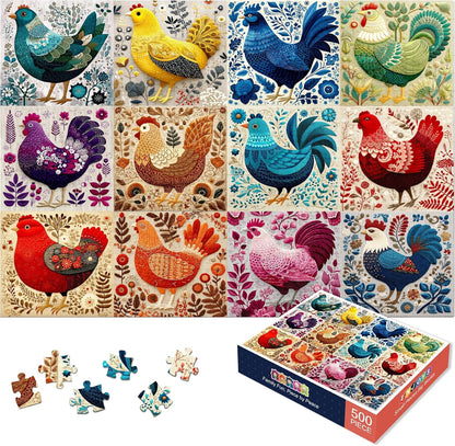 Folk Art Rooster Chicken 500 Piece Jigsaw Puzzle for Adults, Colorful Farmhouse Botanical Embroidery Style Animal Puzzle, 20.5 x 15 in