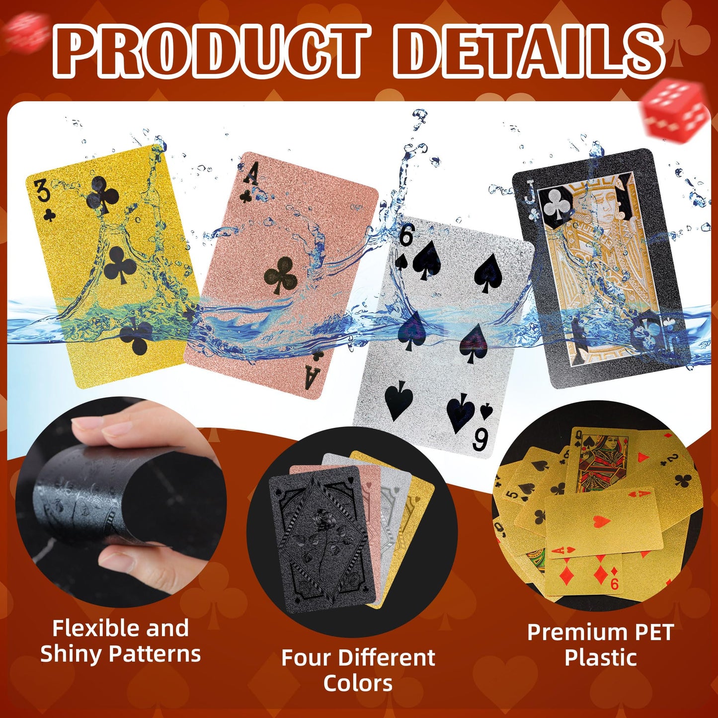 4 Pack Playing Cards, Waterproof Playing Cards, 4 Deck of Plastic Playing Card Bulk, Cool Foil Poker Card Standard Index Set for Beach Table Magic