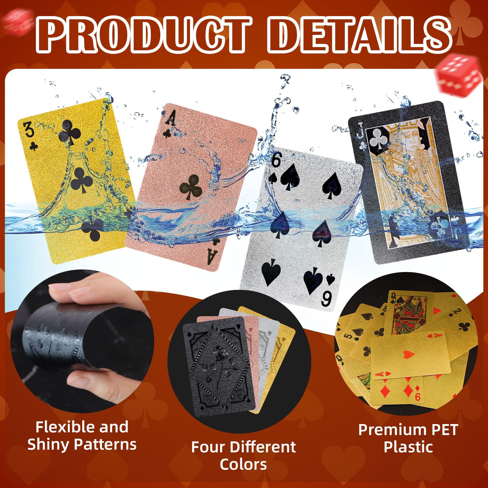 4 Pack Playing Cards, Waterproof Playing Cards, 4 Deck of Plastic Playing Card Bulk, Cool Foil Poker Card Standard Index Set for Beach Table Magic