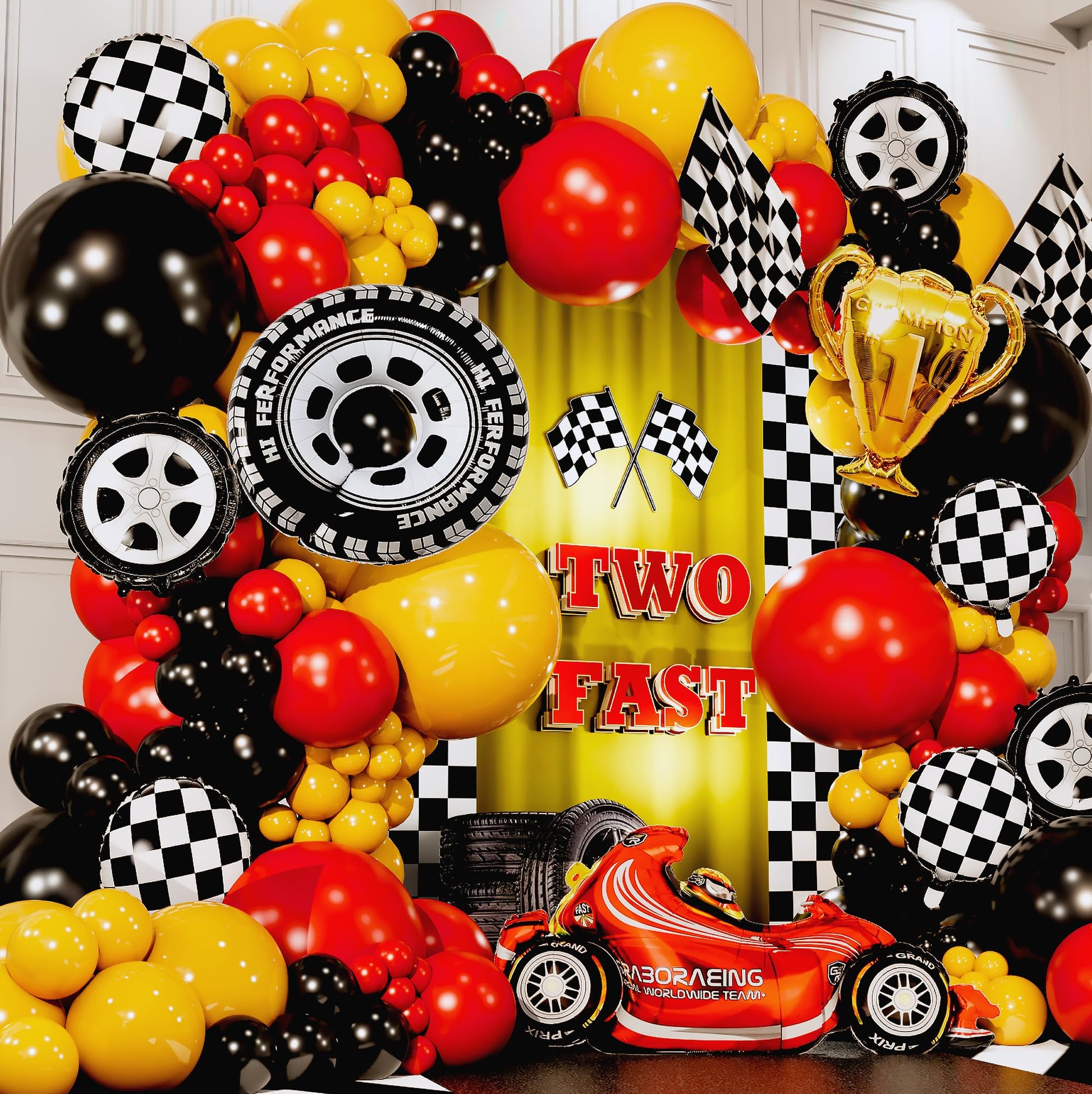 ALL-IN-1 Race Car Balloon Arch Kit & Garland with BONUS Trophy Foil Balloon - Red Black and Yellow Balloons for Race Car Birthday Party Supplies & Boy
