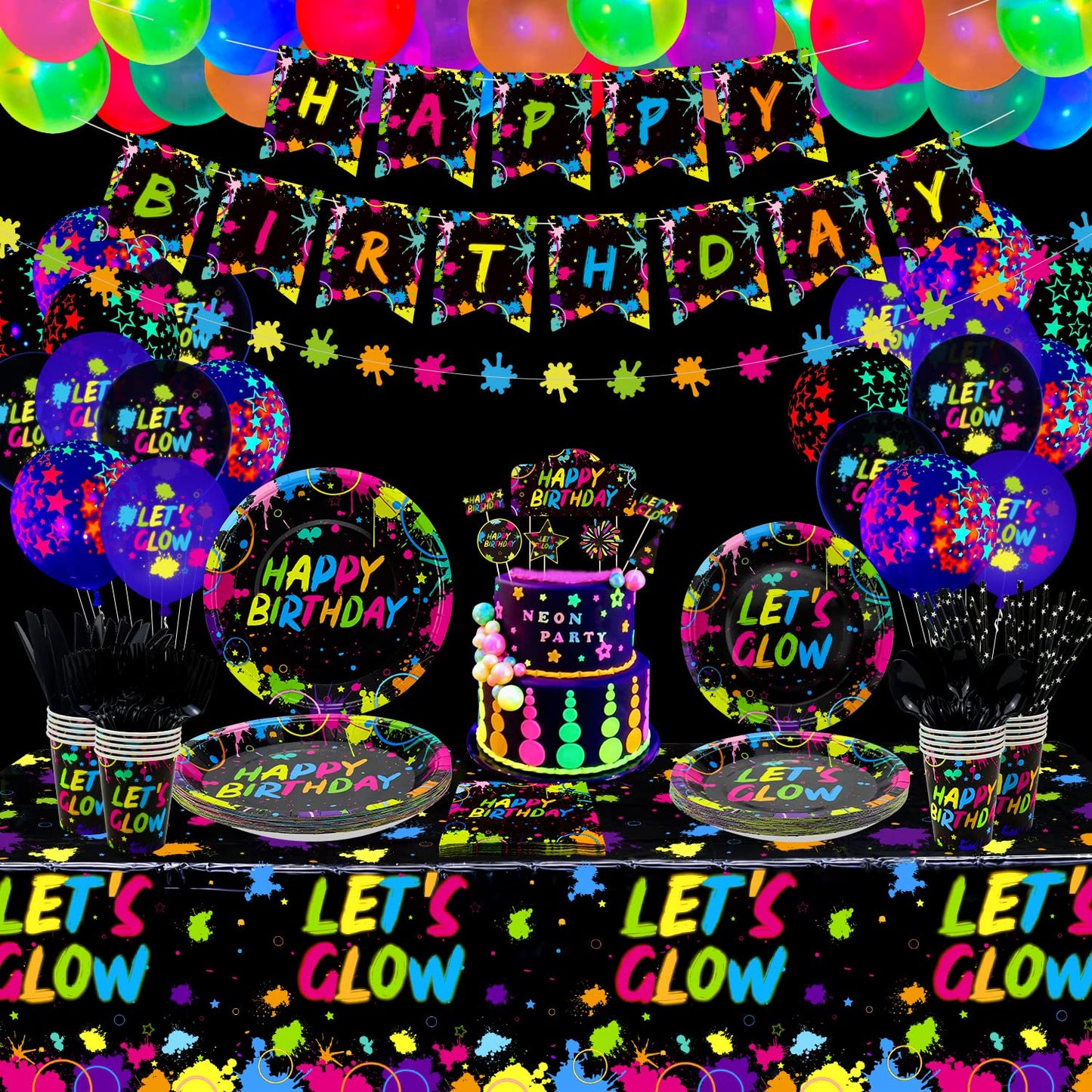 XJLANTTE 225 Pieces Glow Neon Party Supplies - Balloon, in the Dark Birthday Banner, Garlands, Cake Topper, Tablecloth, Plates, Napkins and Cup