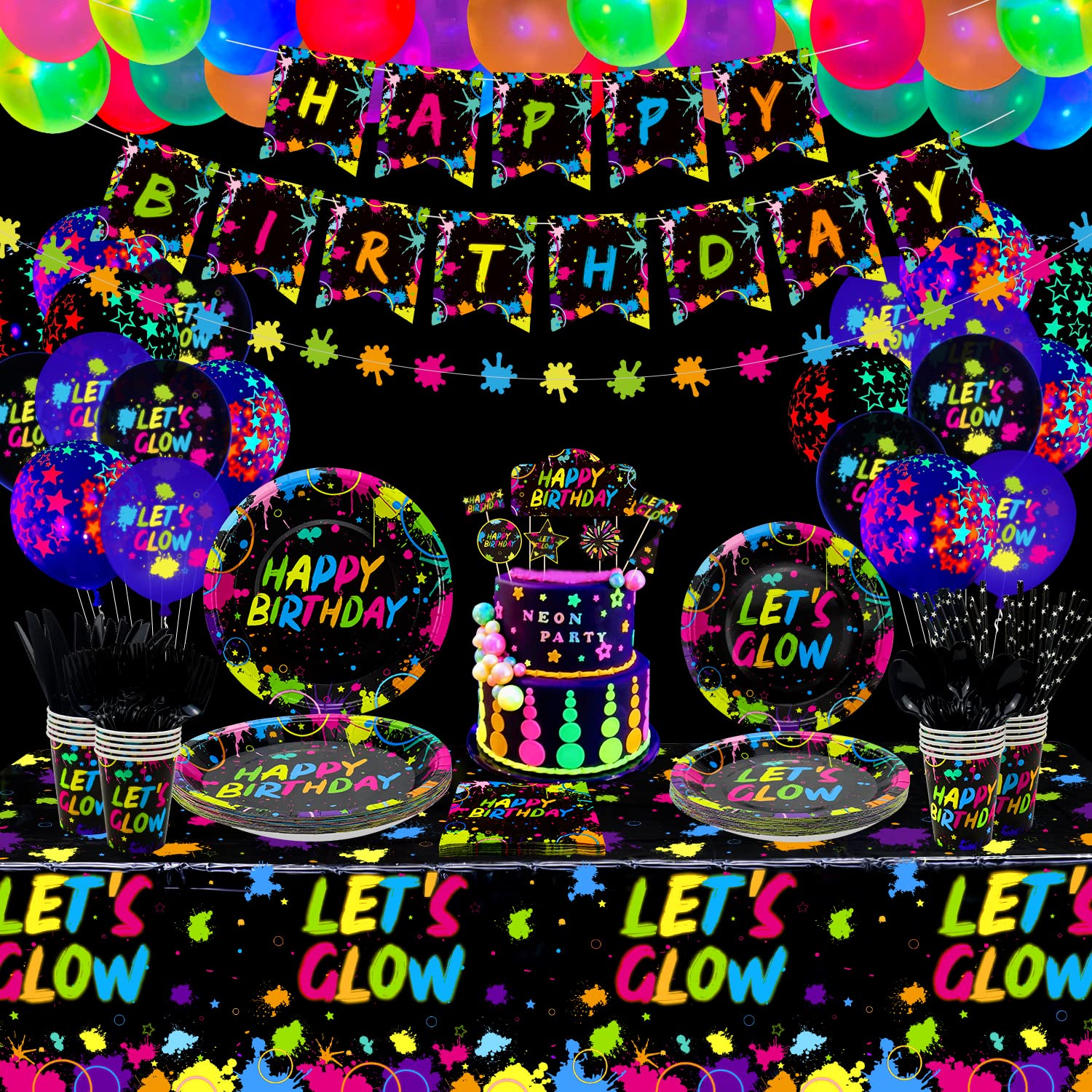 XJLANTTE 225 Pieces Glow Neon Party Supplies - Balloon, in the Dark Birthday Banner, Garlands, Cake Topper, Tablecloth, Plates, Napkins and Cup