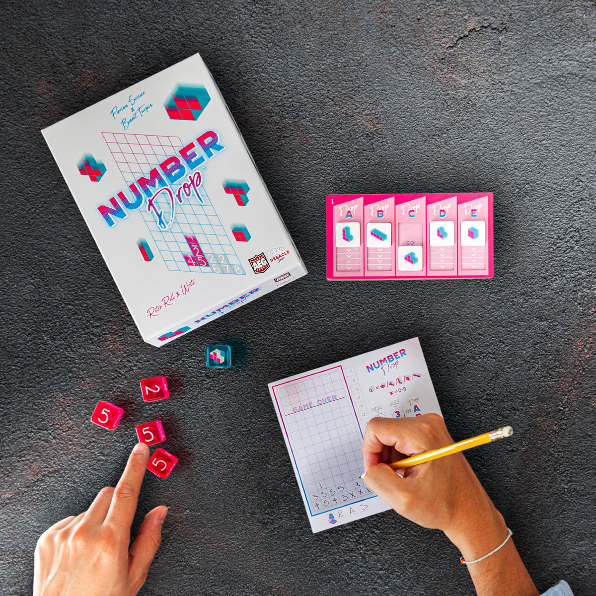 Number Drop, Roll & Write Polyomino Dice Game, Retro 80s Video Game Theme