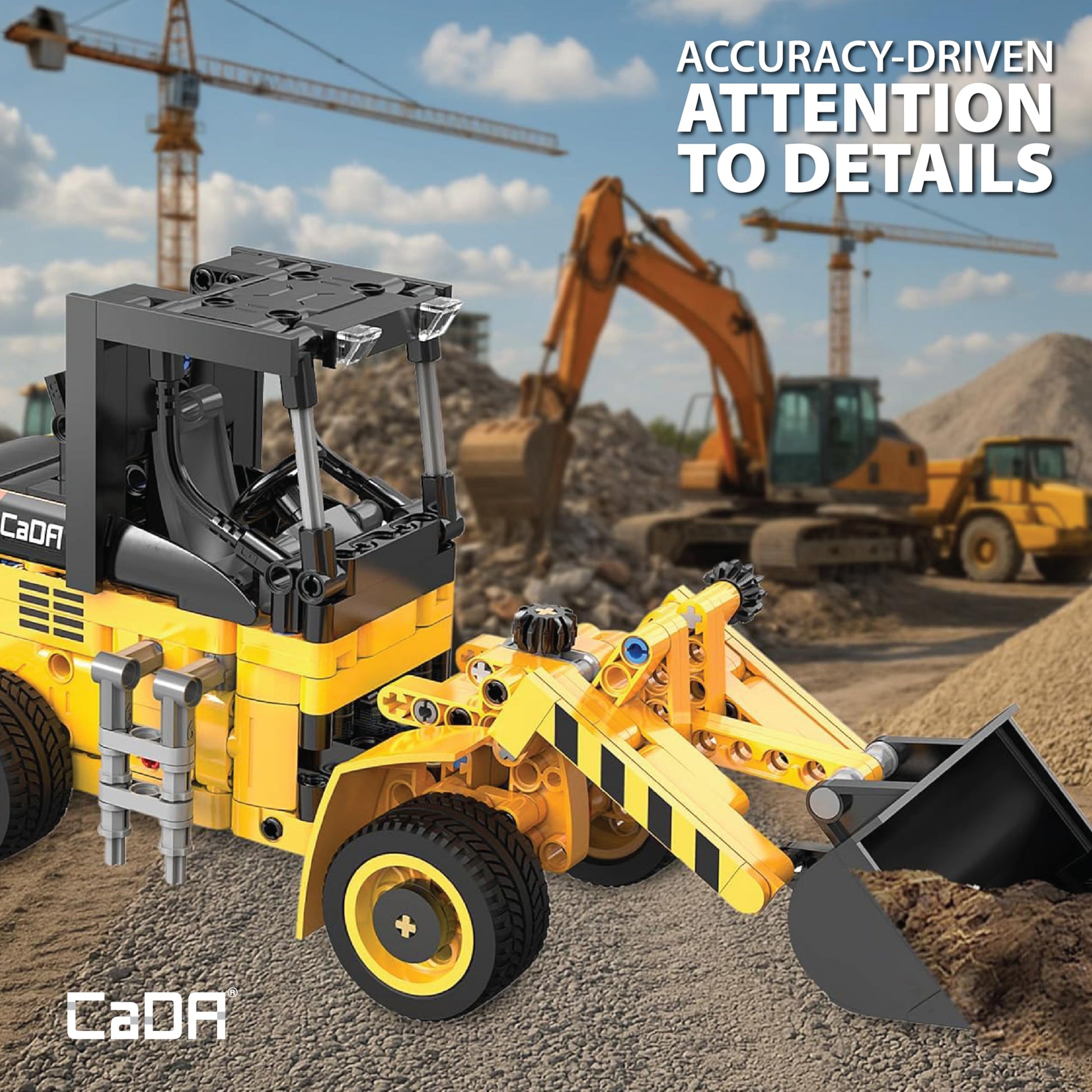 CADA Bricks Front Loader Tractor Building Kit - 403 Pieces Mini Engineering Loader Construction Set with Articulated Steering and Moving Bucket