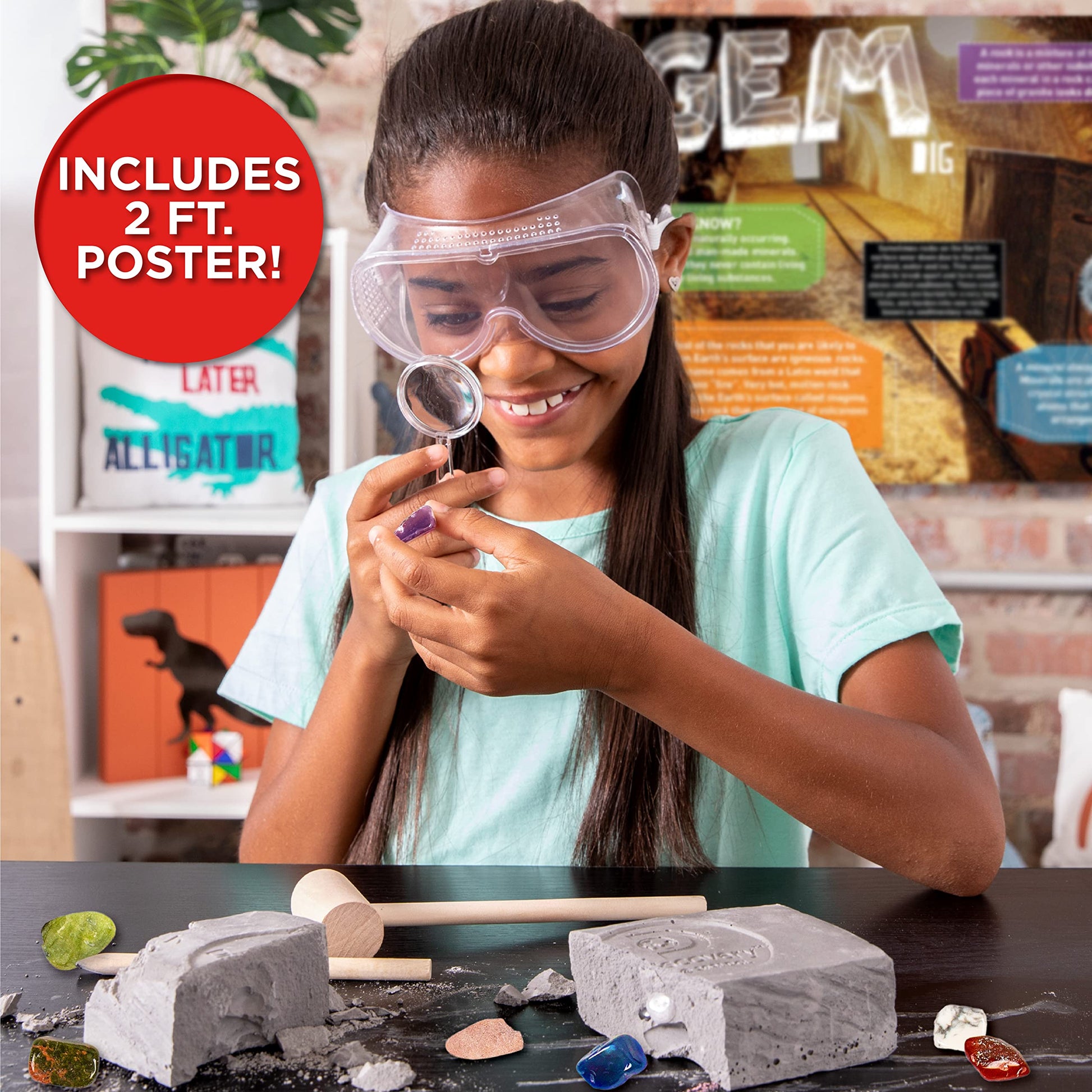 Discovery Kids Gemstone Dig Stem Science Kit by Horizon Group Usa, Excavate, Dig & Reveal 11 Real Gemstones, Includes Goggles, Excavation Tools