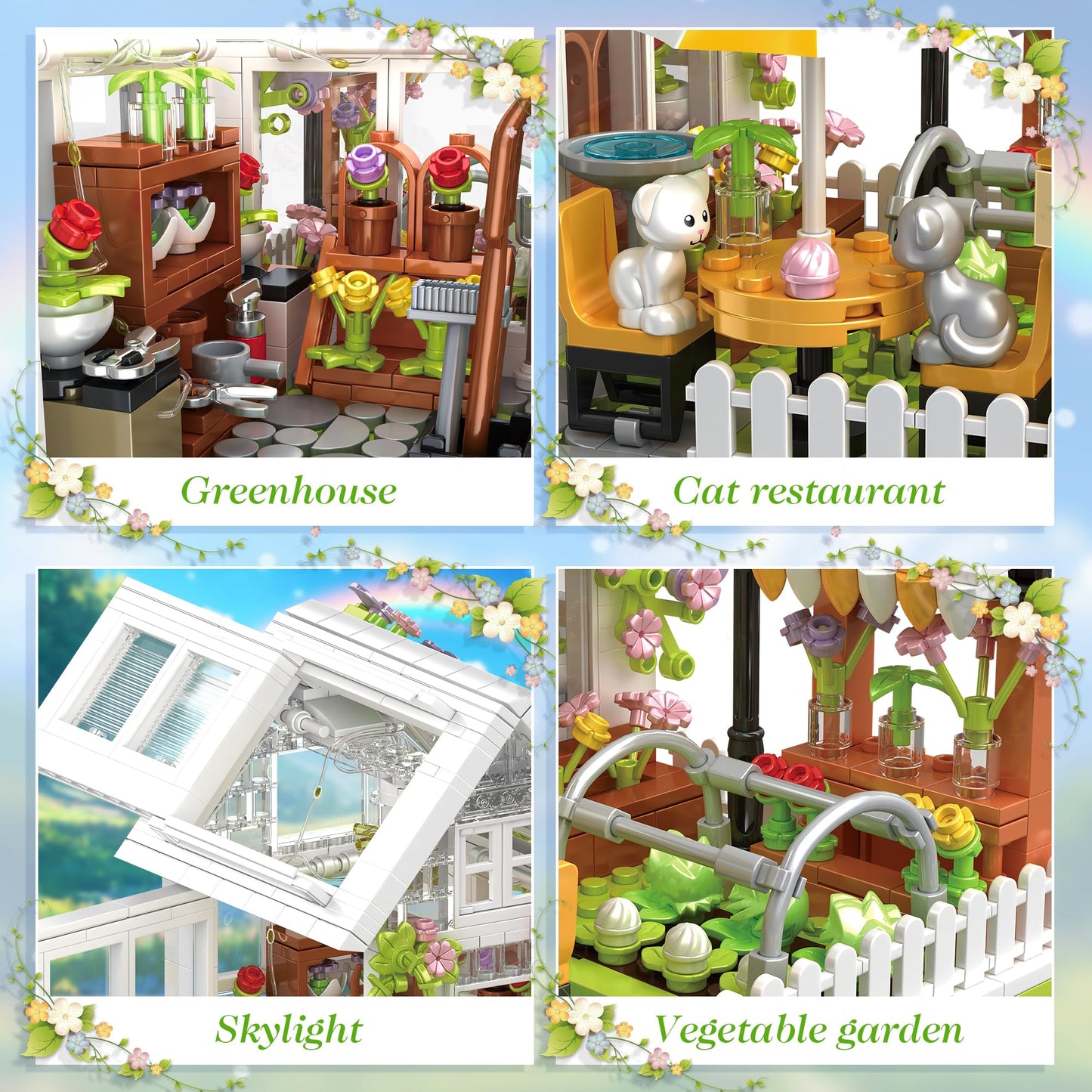 Flower House Building Set, Greenhouse Building Block Set with LED Lights, DIY Greenhouse KIt-Ideal Gifts for Kids and Adults-Plant and Animal Lovers