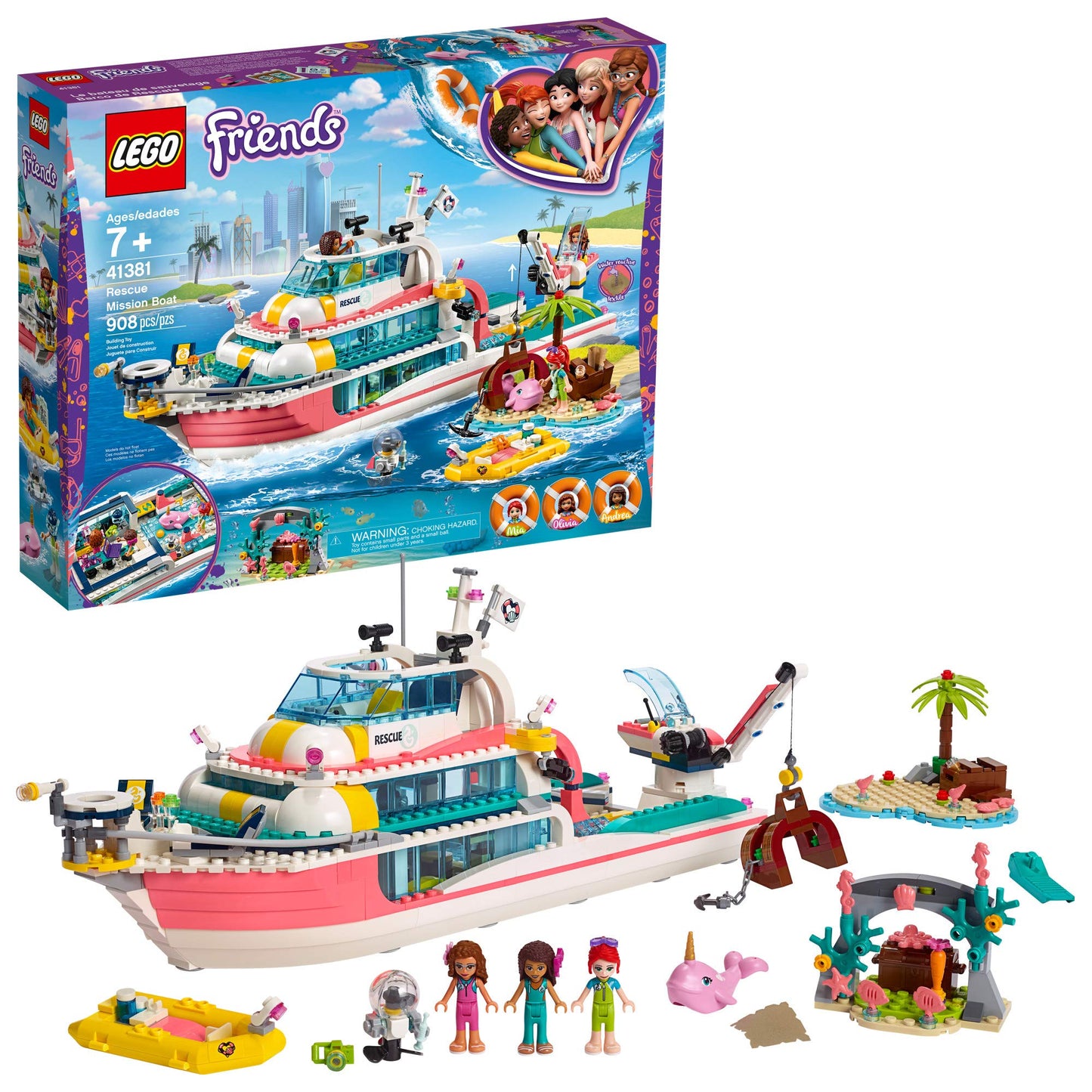 LEGO Friends Rescue Mission Boat 41381 Toy Boat Building Kit with Mini Dolls and Toy Sea Creatures, Rescue Playset Includes Narwhal Figure, Treasure