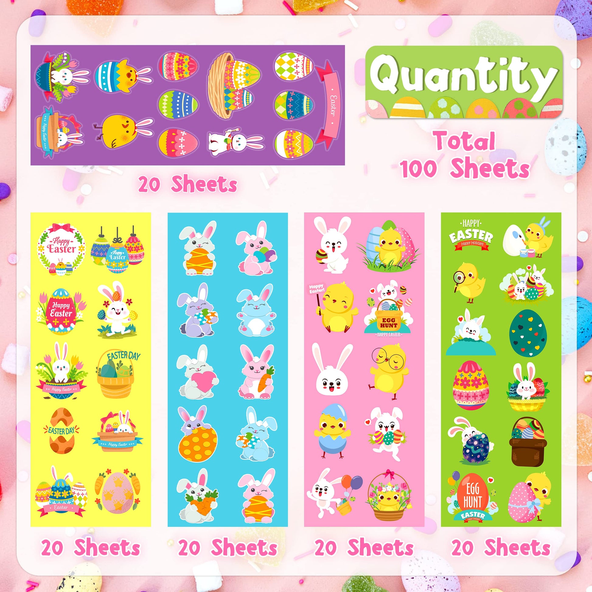 LINAYE 100 Sheets Easter Stickers for Kids - 1100PCS Assorted Easter Stickers Bulk for Egg Treats Basket Stuffers Gift Party Favor Supplies for Kids