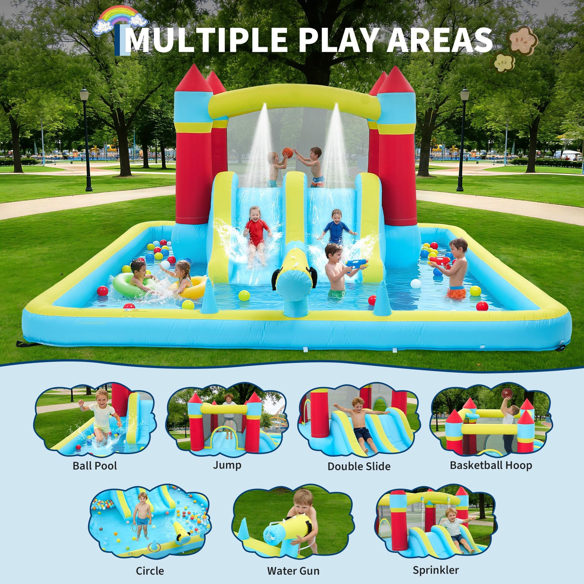 Inflatable Bounce House Water Slide, 7-in-1 Double Slide Bouncy Castle with 350W Blower, Kids Outdoor Backyard Play Center with Jumping Area, Water