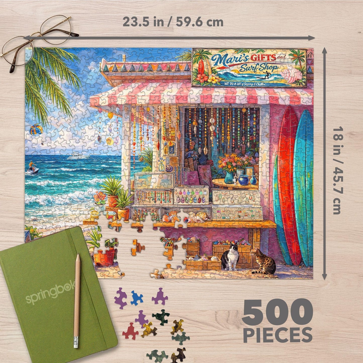 Springbok Seaside Surf Shop 500 Piece Jigsaw Puzzle for Adults - Tropical Beach Store & Ocean Scene - Poster Now Included - Coastal Vacation Artwork