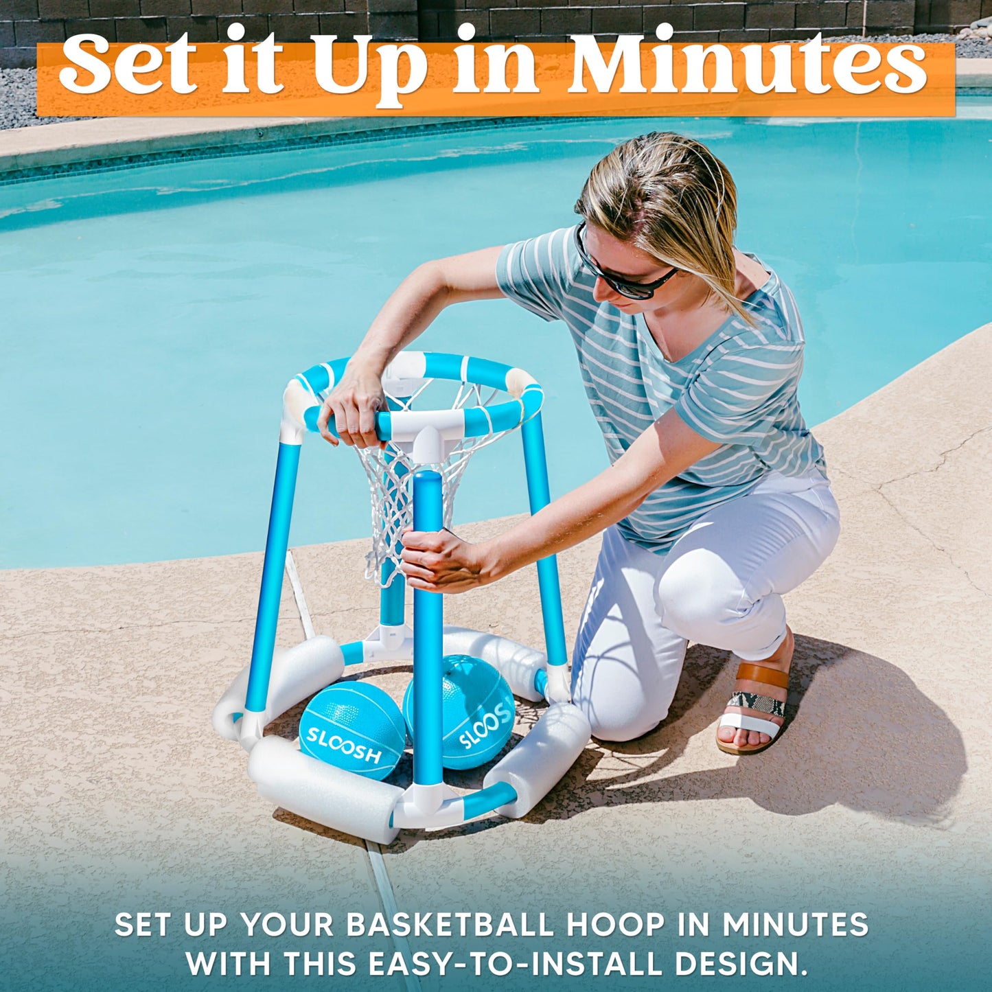 Sloosh Pool Basketball Hoop Set, Floating Basketball Pool Game, Swimming Floats Toys with Balls Pump, Summer Outdoor Water Play Toy for Kids