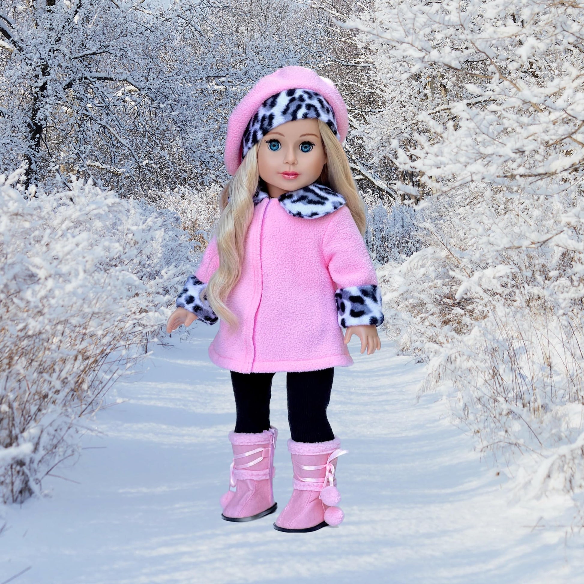 Elegance - 4 Piece 18 inch Doll Outfit - Pink Fleece Coat, Matching Hat, Brown Pants and Sherpa Boots - (Doll Not Included)