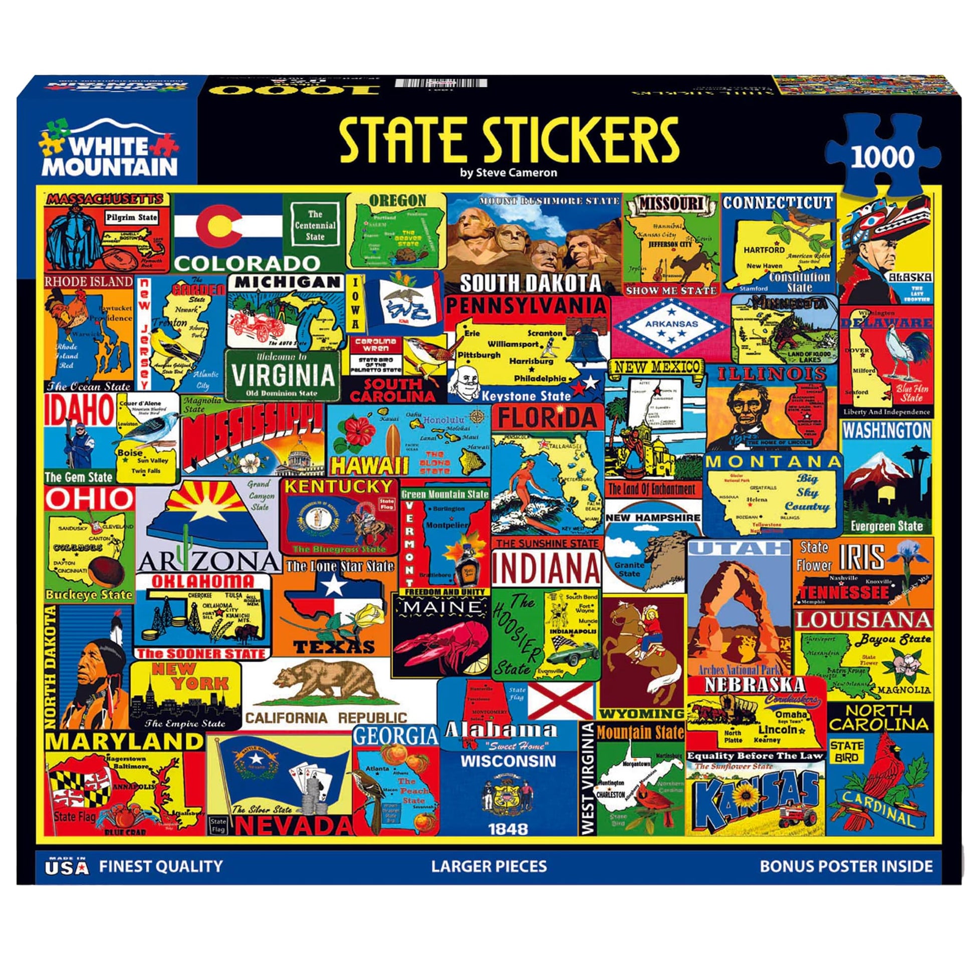 White Mountain 1000 Piece Jigsaw Puzzle, State Travel Stickers