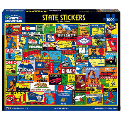 White Mountain 1000 Piece Jigsaw Puzzle, State Travel Stickers