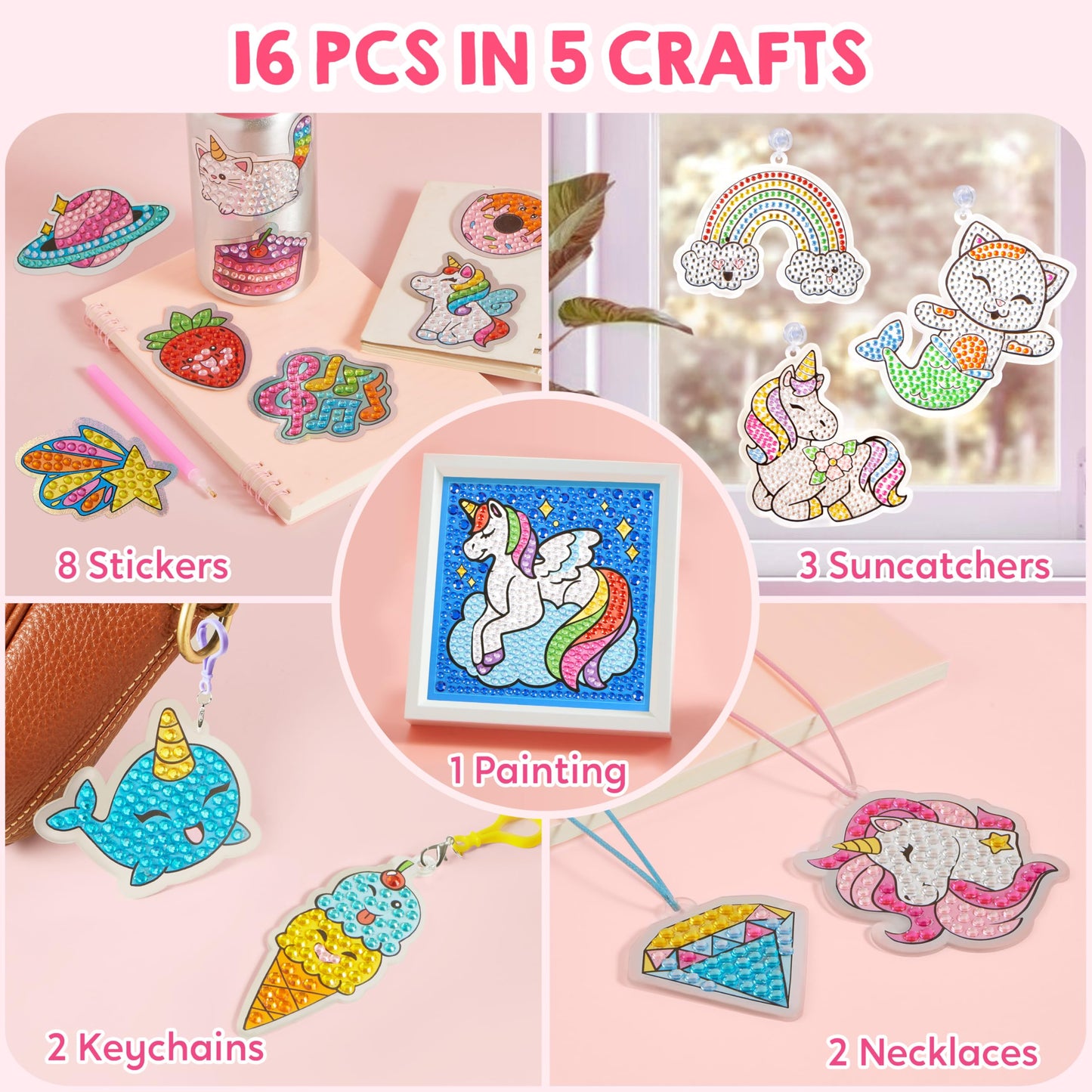 Klever Kits 16 Projects Gem Painting, Kids Diamond Art Kit for Kids with 5D Diamond, Arts and Crafts for Girls Ages 6-12, Gem Craft Activities Kits