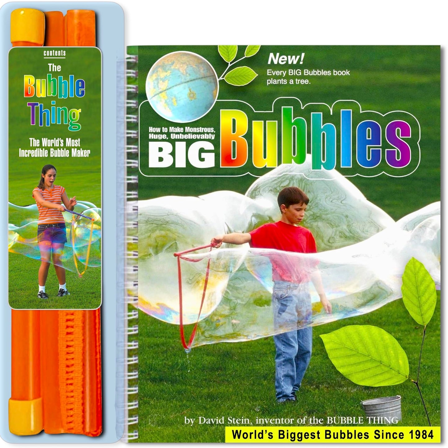 BUBBLETHING Big Bubbles Wand & Book - Blow Soap Bubbles 20-Feet-Long & More