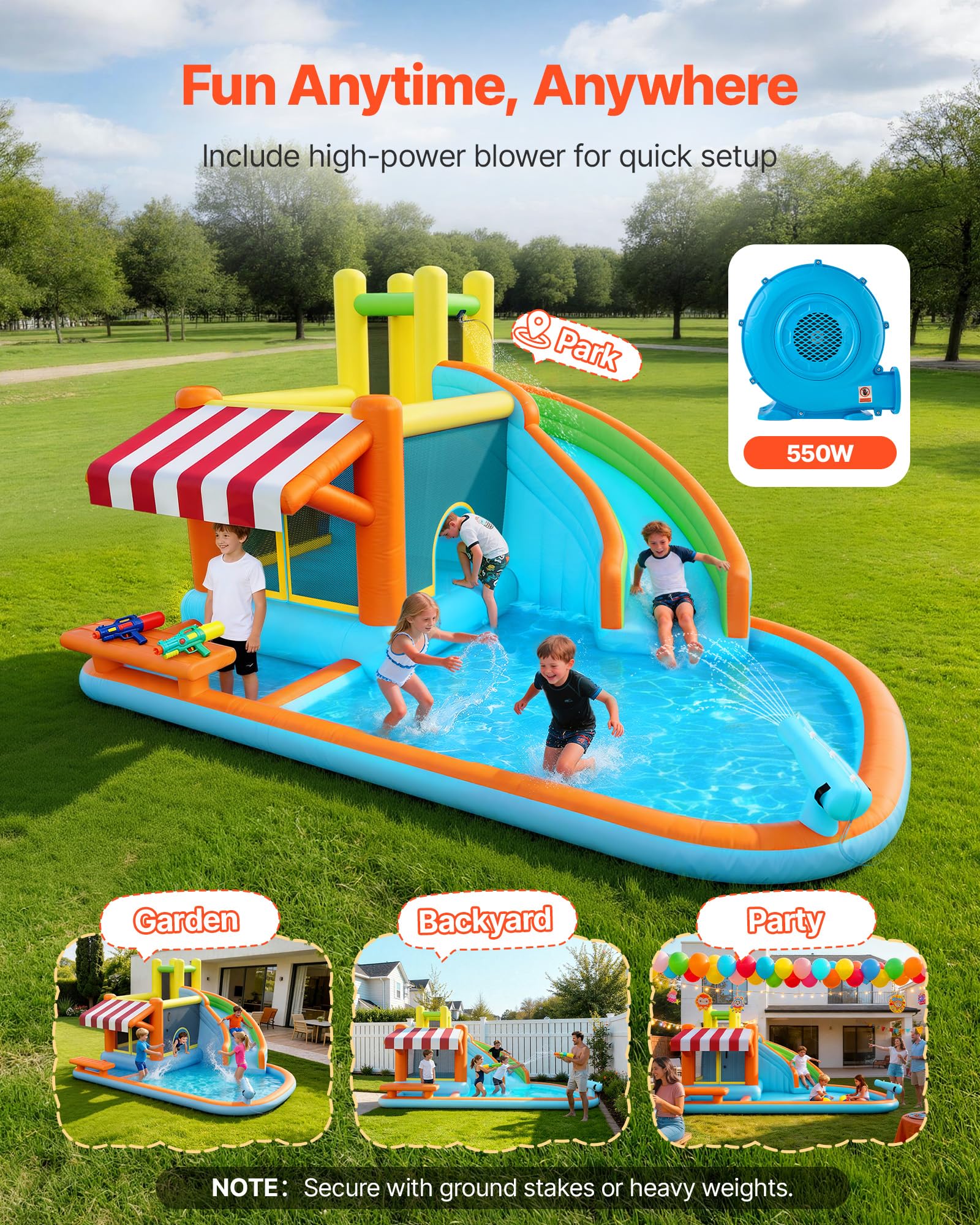 VEVOR Inflatable Pretend Market Bounce House with Blower, Large 6-in-1 Kids Water Slide Castle with Splash Pool, Climbing Wall, Play Booth & Bounce