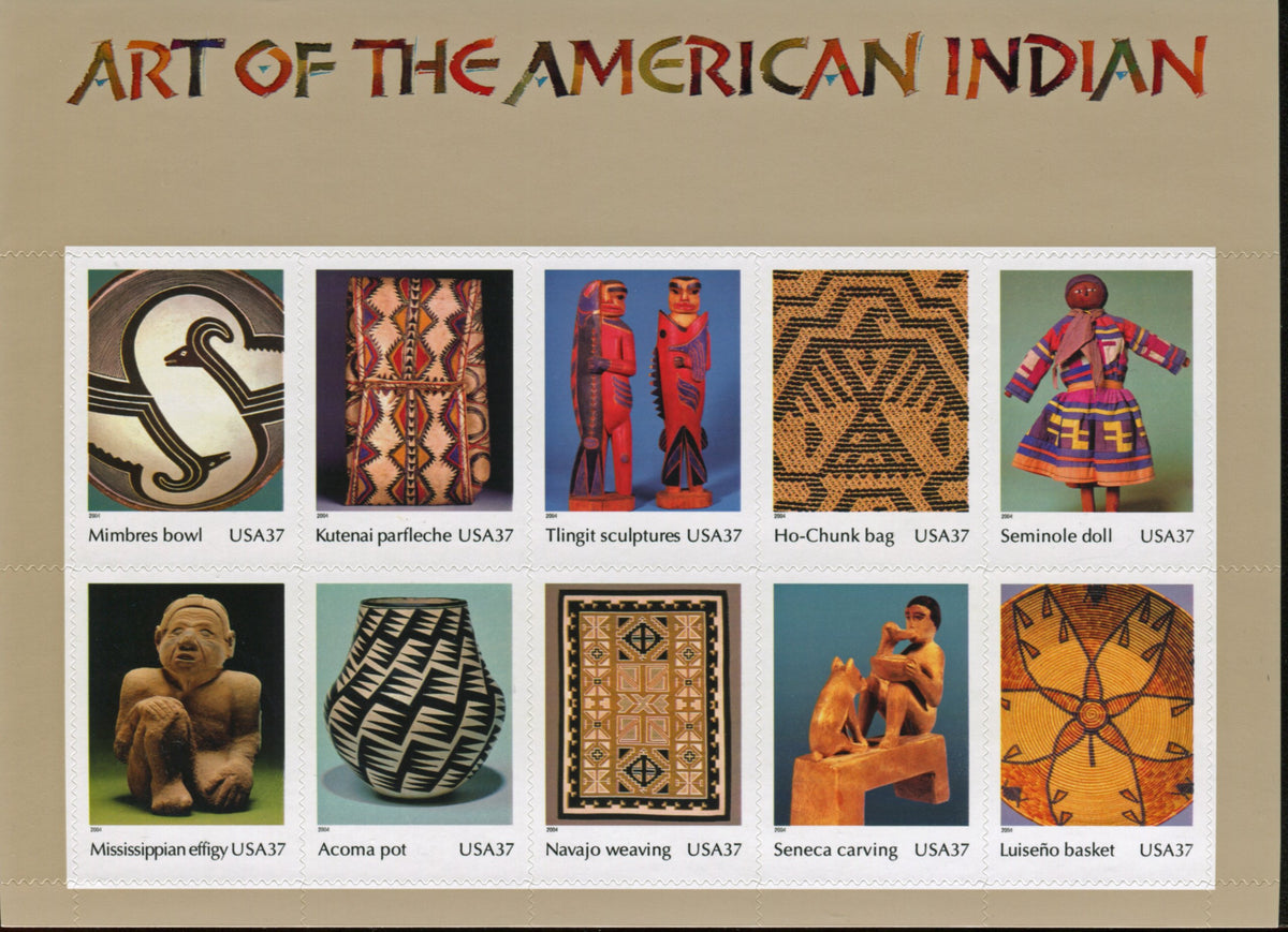 Art of the American Indian, Full Pane of 10 x 37-Cent Postage Stamps, USA 2004, Scott 3873