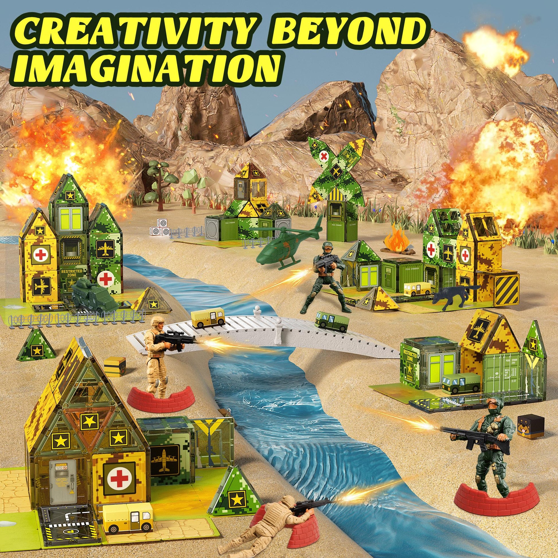 Magnetic Tiles Road Building Toys Set with Magnetic Blocks and Army Toys Accessories, Military Magnetic Blocks for Kids Ages 3-5 4-8, STEM Educational