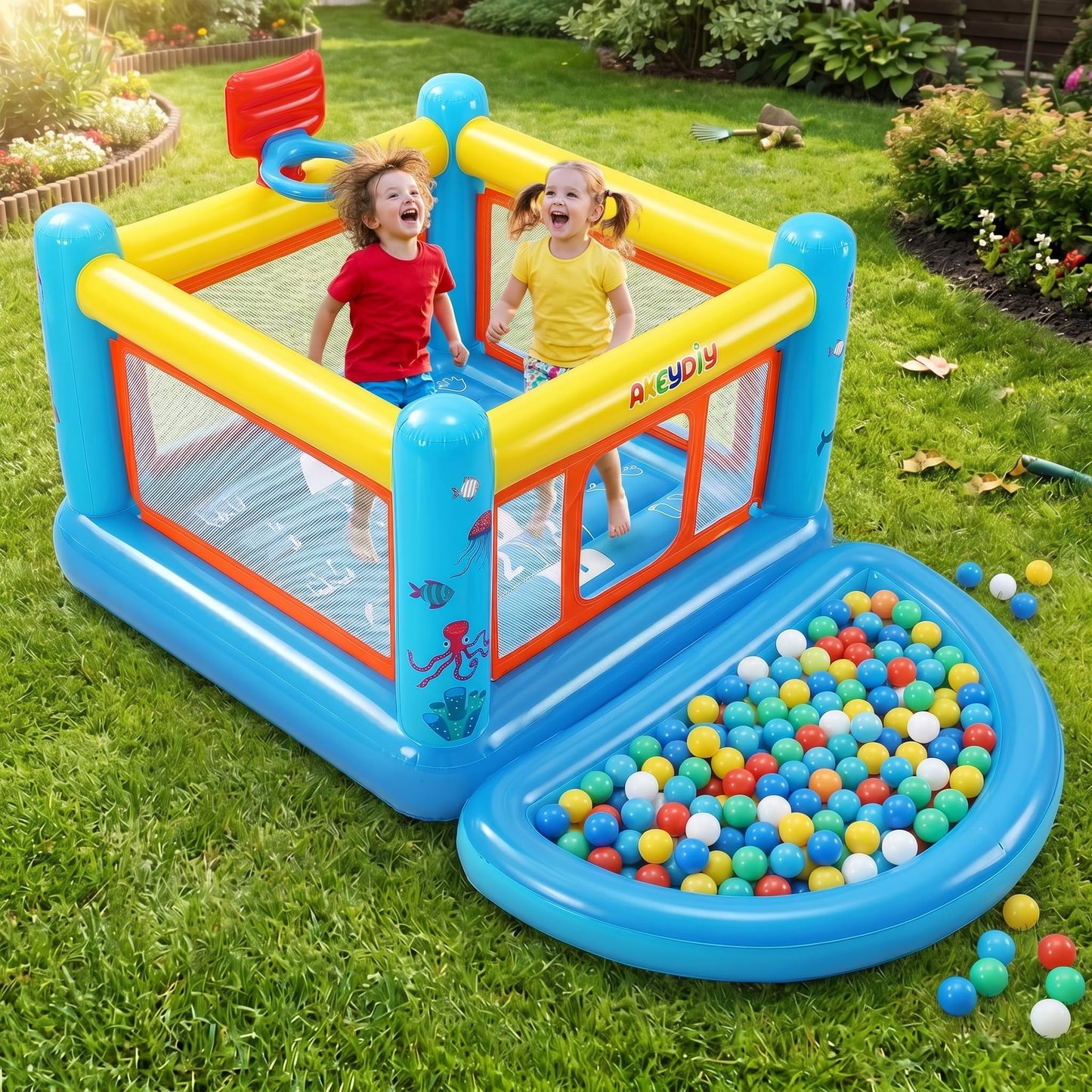 AKEYDIY Bounce House for Kids 3-6, Small Inflatable Bounce House PVC with Basketball Hoop & Hopscotch Game for Indoor/Outdoor Play (Small Bounce House