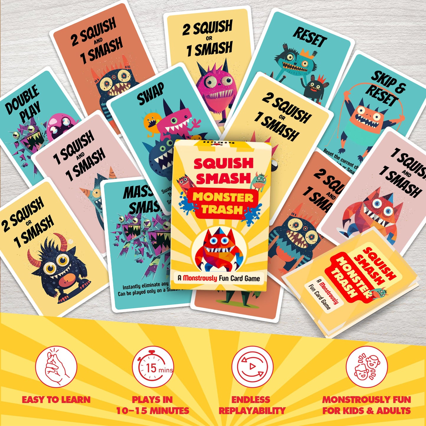 HIBULL Squish Smash Monster Trash - A Card Game of Fast Chain-Reactions | Fun Family Game for Kids & Adults | Travel Friendly | Ages 7+, 2-5 Players
