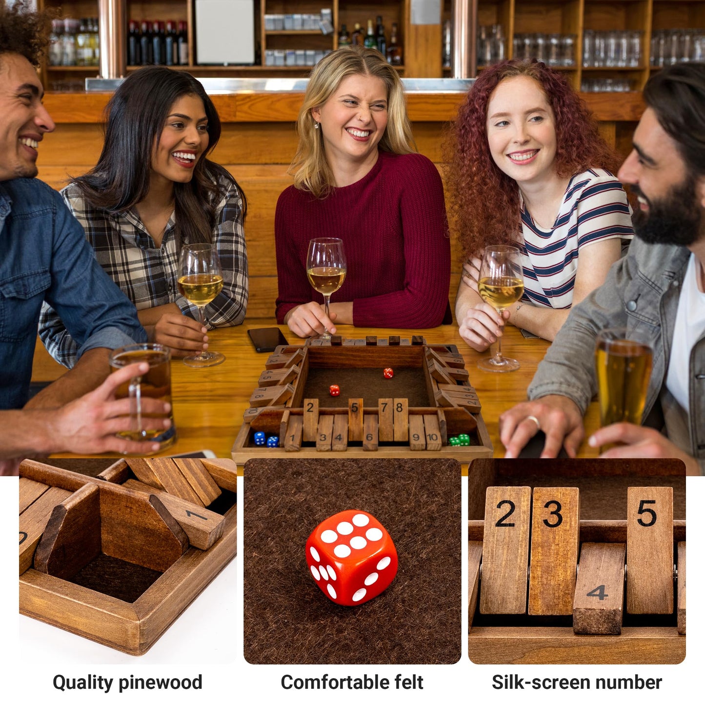 ropoda 14 Inches 4-Way Shut The Box Game (2-4 Players) for Kids & Adults (4 Sided Large Shut the Board Game Wooden, 8 Dice) - Vintage Style,Close