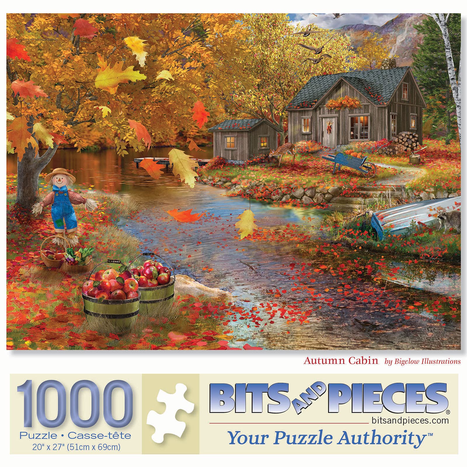 Bits and Pieces - 1000 Piece Jigsaw Puzzle for Adults 20" x 27" - Autumn Cabin - 1000 pc Fall Forest Lake Tree Leaves Scarecrow Rustic Jigsaw by
