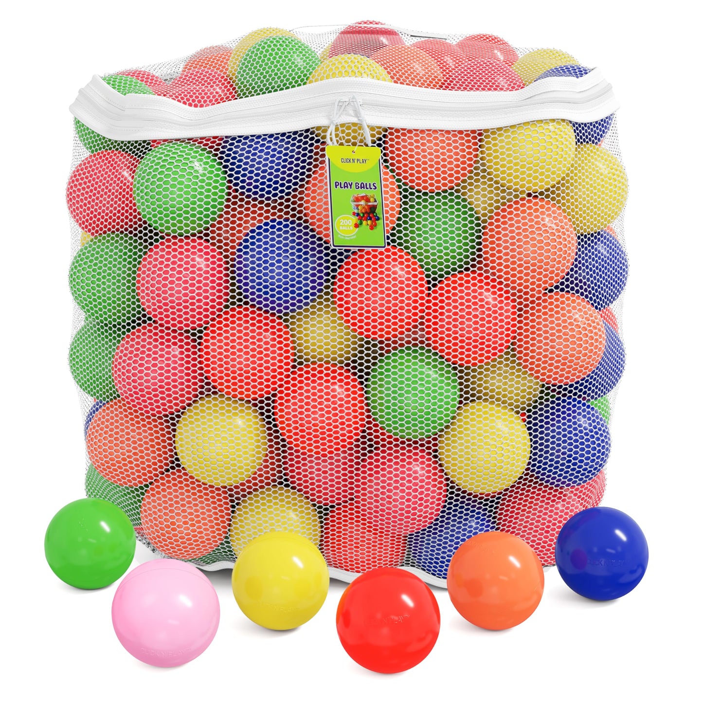 Click N' Play Ball Pit Balls for Kids, 200 Pack - Plastic Refill Balls, Phthalate & BPA Free, Reusable Storage Bag with Zipper, Gift for Toddlers