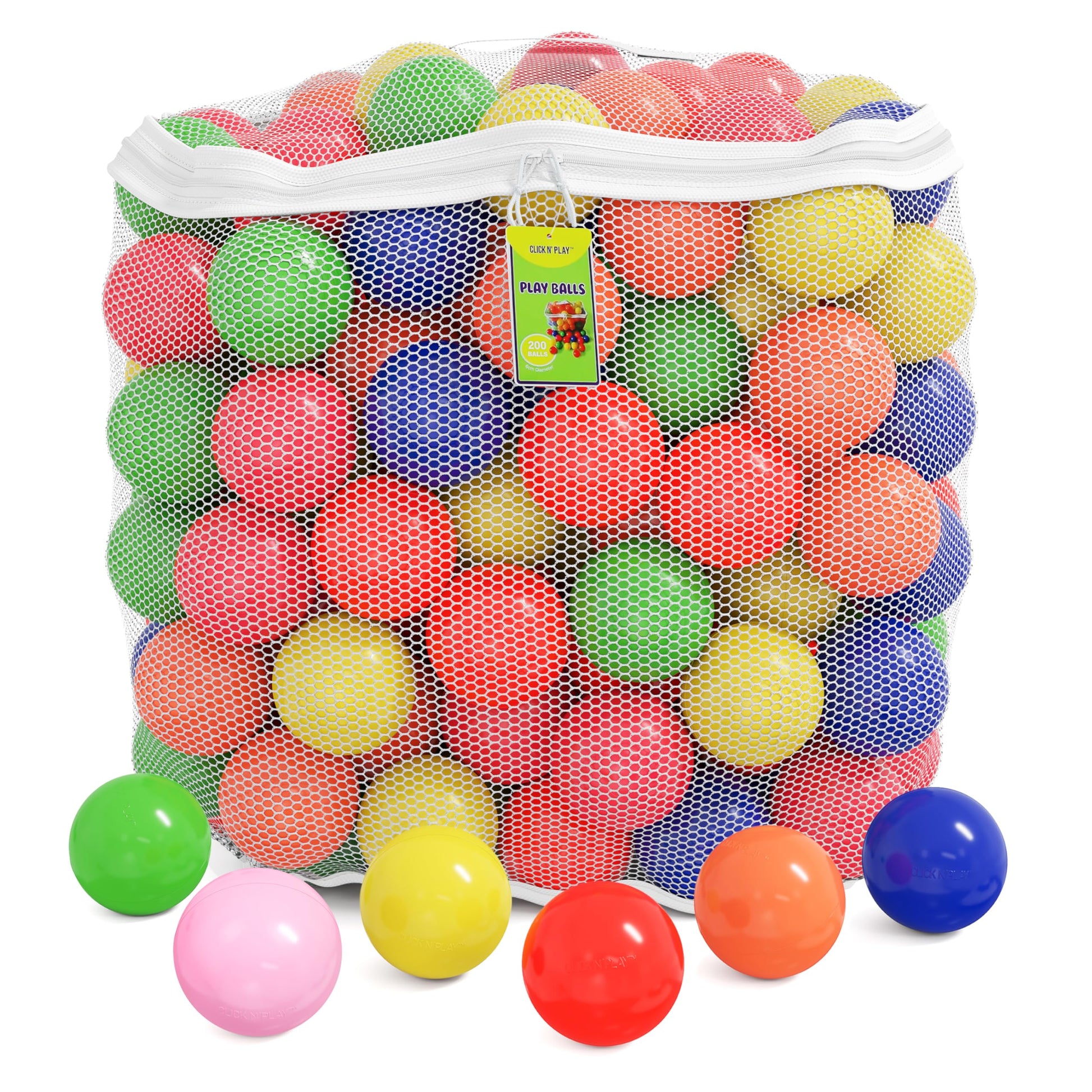 Click N' Play Ball Pit Balls for Kids, 200 Pack - Plastic Refill Balls, Phthalate & BPA Free, Reusable Storage Bag with Zipper, Gift for Toddlers