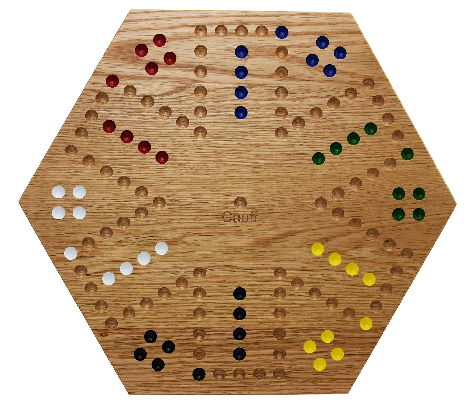 Cauff 20 Inch Solid Oak Double-Sided Marble/Wahoo Board Game with Hand-Finished and Hand-Painted Oak, Glass Marbles, Velvet Bag, 4 and 6 Player Sides