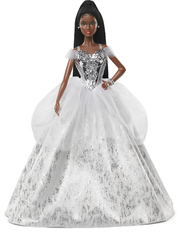 Barbie Signature 2021 Holiday Doll (12-inch, Brunette Braided Hair) in Silver Gown, with Doll Stand and Certificate of Authenticity, Gift for 6 Year