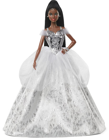 Barbie Signature 2021 Holiday Doll (12-inch, Brunette Braided Hair) in Silver Gown, with Doll Stand and Certificate of Authenticity, Gift for 6 Year